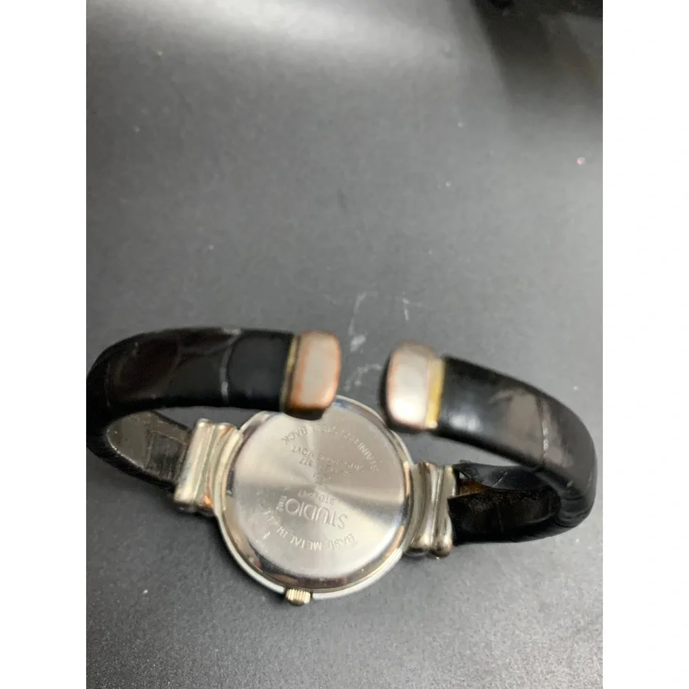 Studio Time Womens Watch Silver Tone White Dial Black Croc Cuff Bangle STD024T